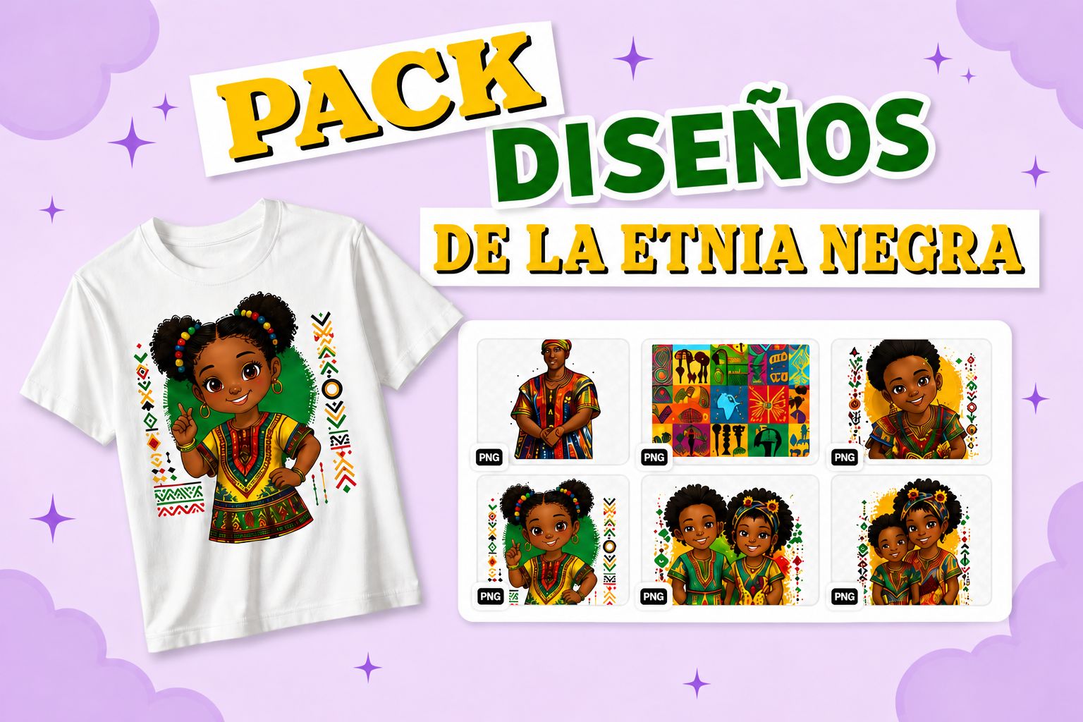Banner del Pack Etnia Negra con una camiseta estampada y seis diseños afrodescendientes en formato PNG.